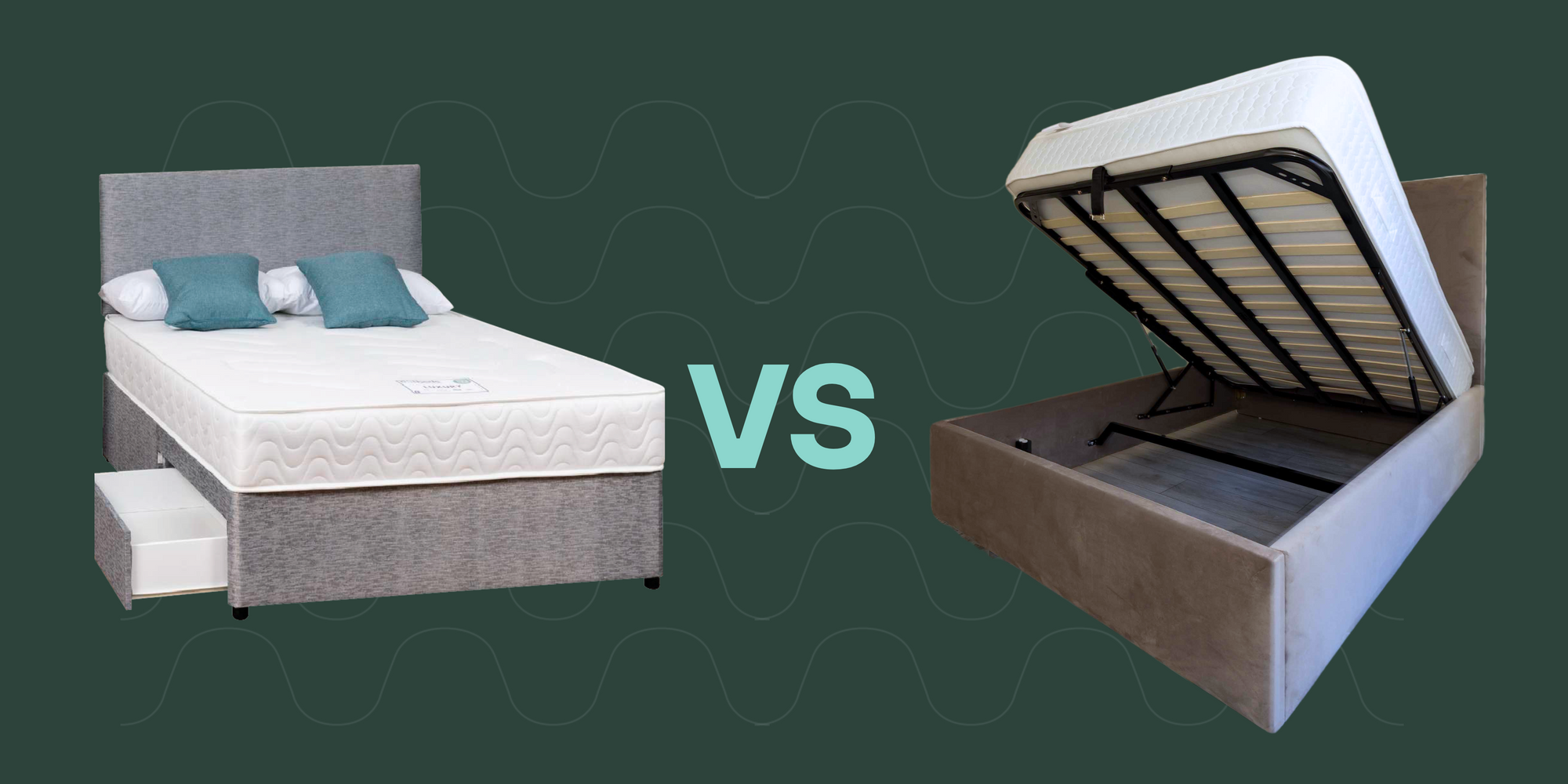 Divan bed on the left and Ottoman on the right on a green background with the word 'VS' in-between them.