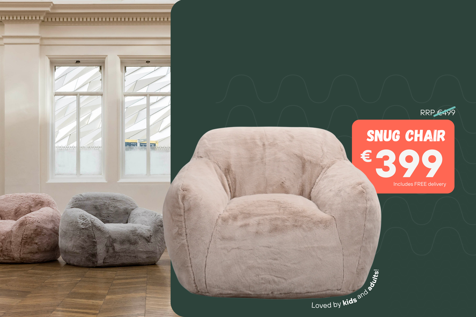 Pink plush snug chair with price tag